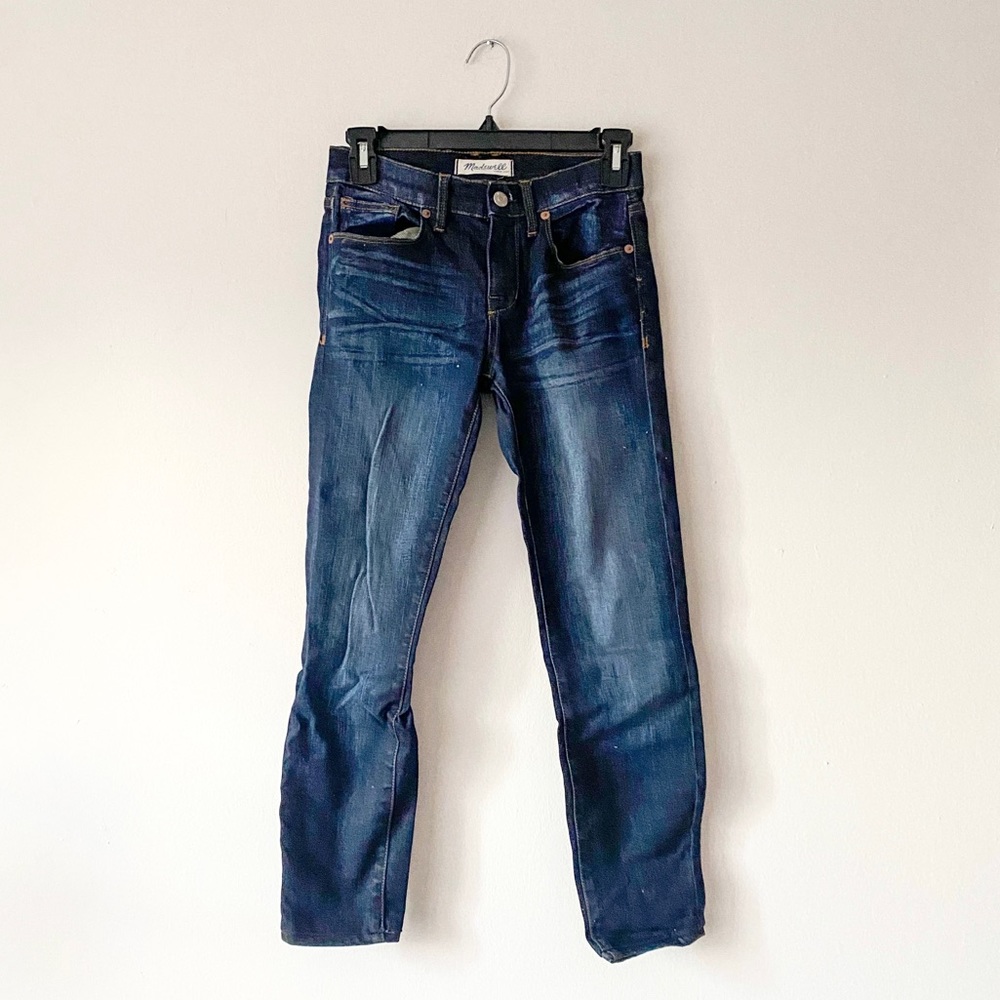 Altered in length Madewell skinny jeans, dark wash, blue, mid rise, size 24